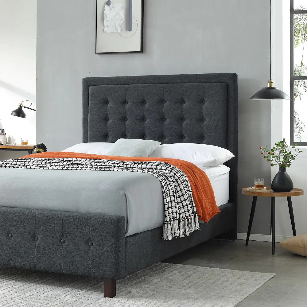 MB3502ZT | Luxury Botton Design Cotton Fabric upholstered with footboard bed Dark Grey