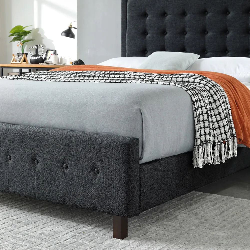 MB3502ZT | Luxury Botton Design Cotton Fabric upholstered with footboard bed Dark Grey