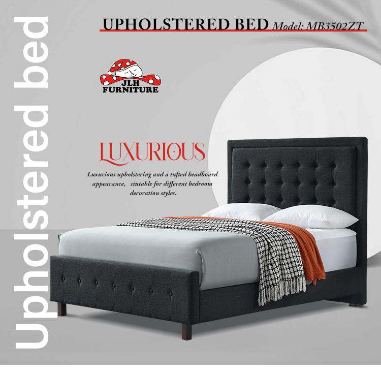 product-JLH-MB3502ZT | Luxury Botton Design Cotton Fabric upholstered with footboard bed Dark Grey-i