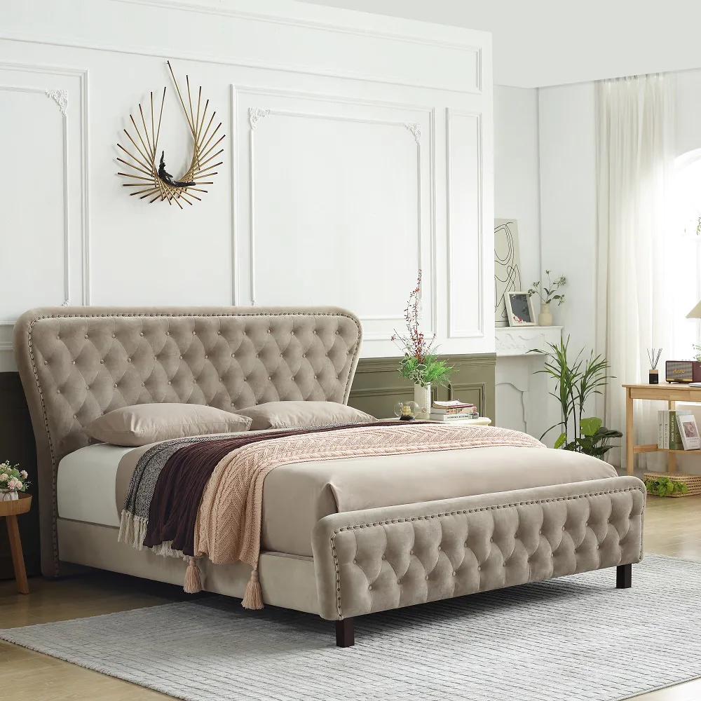 MB3565ZT |  Royal Luxury Button Cream Velvet upholstered bed for high end market