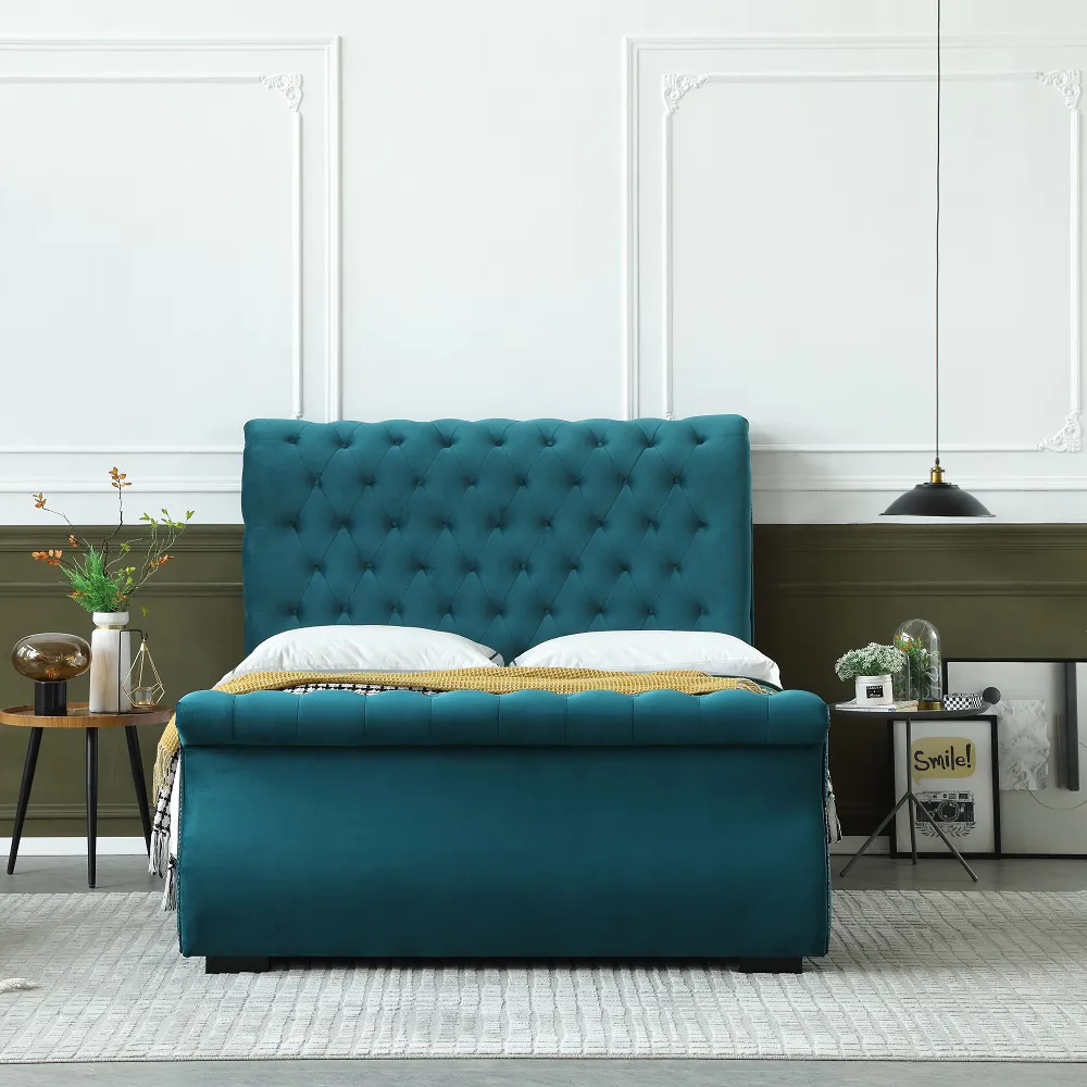 MB3566ZT |  Luxury Button Design Velvet Fabric upholstered Castello Bed for middle high end market