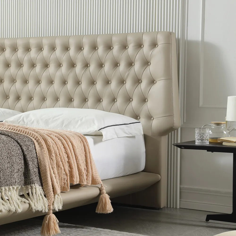 MP3632ZT |   Cream Luxuriously Genuine Leather bed with a generously cushioned headboard