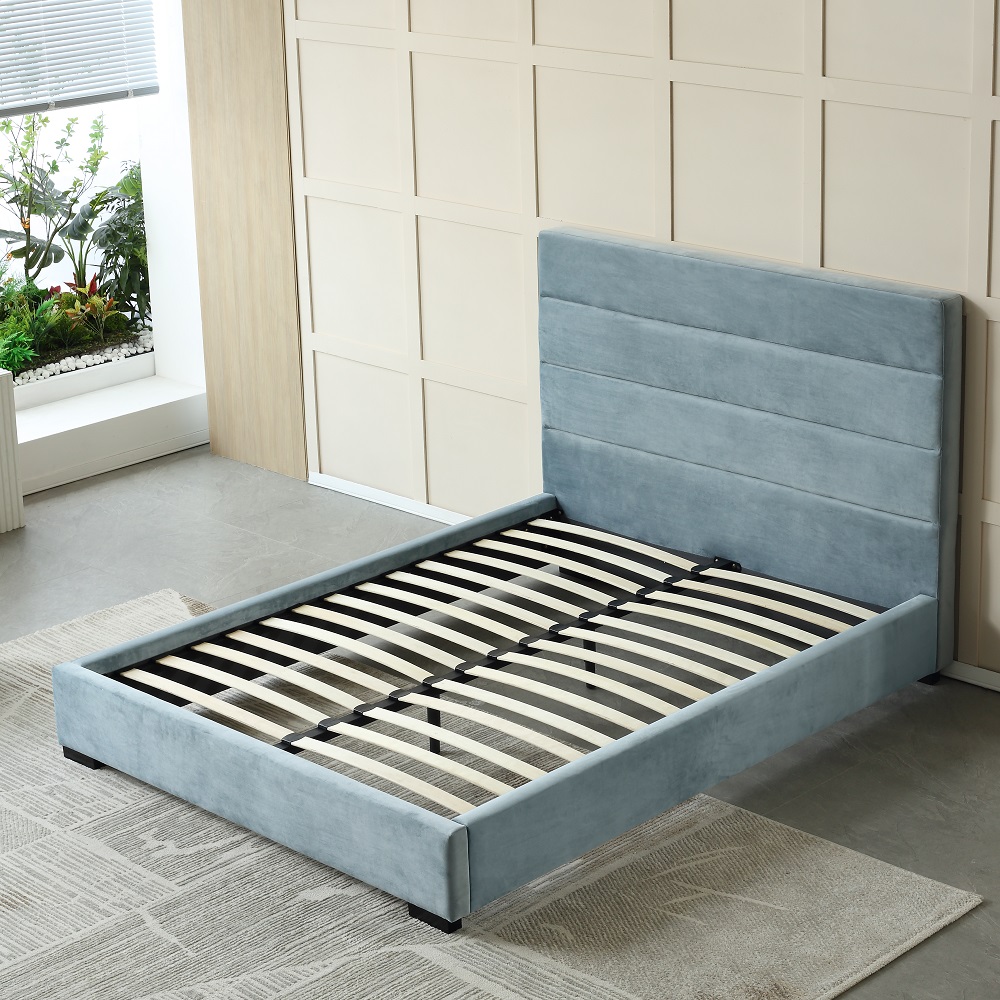 MB3611ZT |  Modern Line-shape Dark Blue Velvet fabric upholstered bed for adult