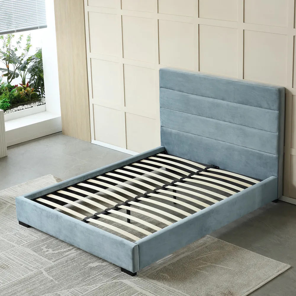 MB3611ZT |  Modern Line-shape Dark Blue Velvet fabric upholstered bed for adult