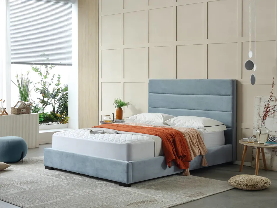 MB3611ZT | Modern Line-shape Dark Blue Velvet fabric upholstered bed for adult